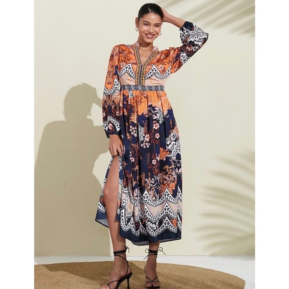Anthropologie Bhanuni by‎ Jyoti Puff Sleeve Pleated Waist Maxi Size 16 Petite